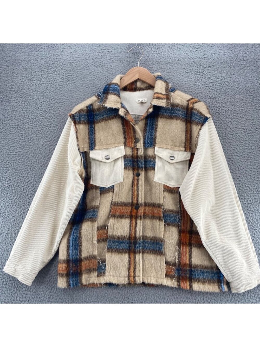 POL Jacket Women Medium Beige Mixed Corduroy Plaid Fleece Collared Raw Edge Seam